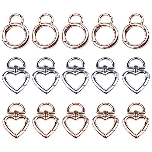 KESYOO 15 Piezas de aleación de Zinc DIY Llavero Accesorios Llavero Hebilla Llavero Colgante Anillo decoración (corazón Plata + corazón Dorado + Redondo Dorado)