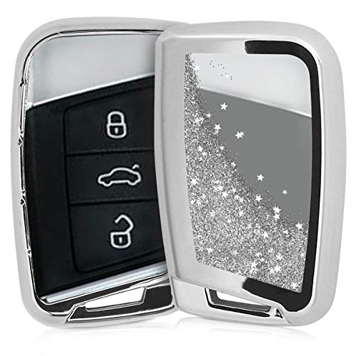 kwmobile Funda Compatible con VW Llave de Coche de 3 Botones (Solo Keyless Go) - Carcasa Protectora Suave de Silicona - Case para Mando - Purpurina y Estrellas