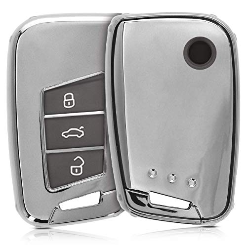 kwmobile Funda Compatible con VW Llave de Coche de 3 Botones (Solo Keyless Go) - Carcasa Suave de TPU - Cover de Mando y Control de Auto en Plateado Brillante