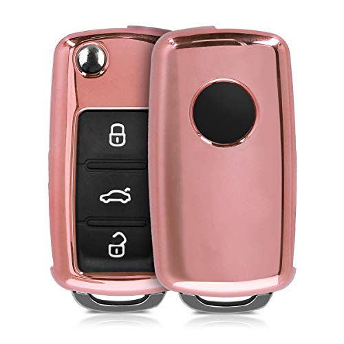 kwmobile Funda Compatible con VW Skoda Seat Llave de Coche de 2-3 Botones - Carcasa Suave de TPU - Cover de Mando y Control de Auto en Rosa Oro Brillante