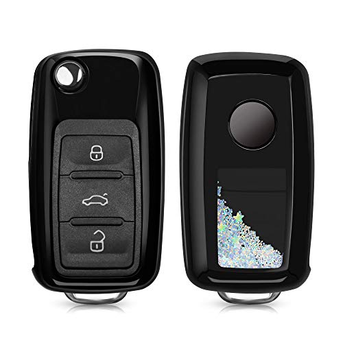 kwmobile Funda Compatible con VW Skoda Seat Llave de Coche de 3 Botones - Carcasa Protectora Suave de Silicona - Case para Mando - Purpurina y Estrellas