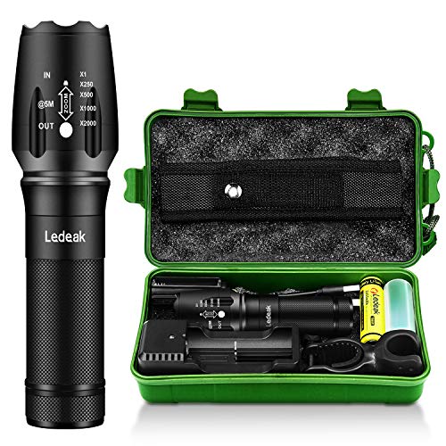 Ledeak Linterna LED Alta Potencia, Táctica Linternas de Mano 1000 Lumen Ultra Brillante, 5 Modos Zoomable Impermeable Antorcha con 18650 Batería Recargable, cargador USB y Accesrios Diferentes