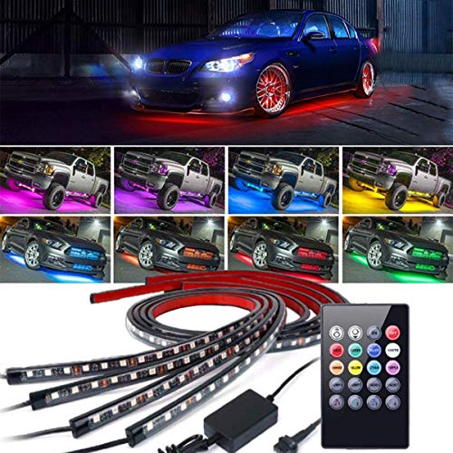 LWTOP 4Pcs Coche LED Neon undercar Luces de Resplandor, 60 * 90cm atmósfera Decorativa Bar Luces Kit Strip con Sonido Activo y Remoto inalámbrico