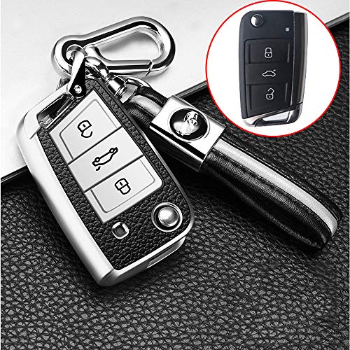 ontto Funda Carcasa Protectora para Llave de Coche para VW Volkswagen Polo MK7 Golf 7 T-ROC Passat Touran Skoda Octavia Seat Fabia con Llavero Cubierta de TPU Remoto Mando Coche 3 Botones-Plata B