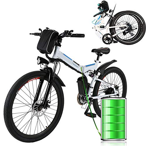 Profun Bicicleta Eléctrica Plegable con Rueda de 26 Pulgadas, Batería de Iones de Litio de Gran Capacidad (36 V 250 W), Suspensión Completa Calidad y Engranaje Shimano (Negro+Blanco)