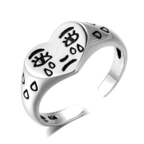 QiHong Anillo corazón Llorando, Anillo Amor con lágrimas, Divertidos Dibujos Animados Cara Triste, Anillos llanto, Anillo Plata Ajustable Abierto para cumpleaños, Regalos de San Valentín