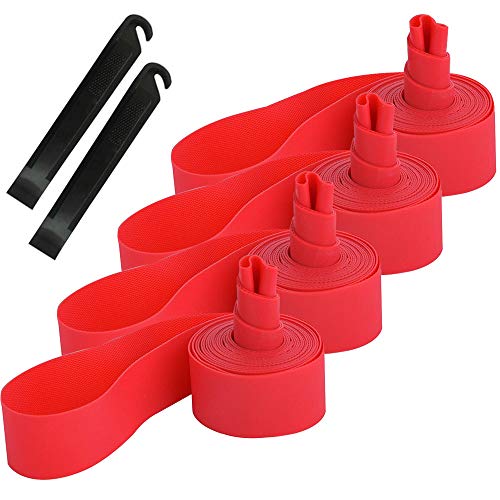 QitinDasen 4Pcs Premium PVC Cinta de Llanta de Bicicleta, 26" Almohadilla Protectora de Tubo Interior de Bicicleta, Revestimiento de Neumático de Bicicleta, con 2Pcs de Palanca de Neumático (Rojo)