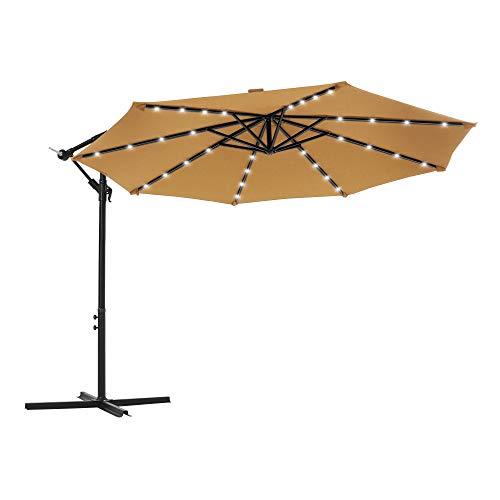 SONGMICS Parasol excéntrico de jardín, con 32 Leds de luz Solar, Sombrilla Ø 3 m con Base, Protección UPF50+, Manivela para Abrir/Cerrar, Terraza/Patio, Topo GPU018K01