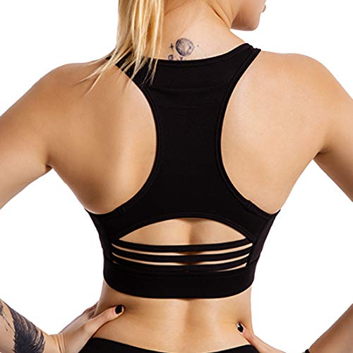 Sujetador Deportivo con Relleno Extraíble Sujetador de Entrenamiento Tops de Yoga Bra Deportivo Alto Impacto Aros Espalda Deportiva Mujer para Yoga Fitness Run Ejercicio (Negro, L)