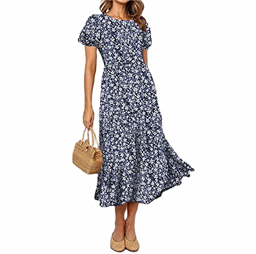 TS Vestido de línea A para mujer, vestido midi azul marino manga corta estampado floral otoño verano cuello redondo elegante