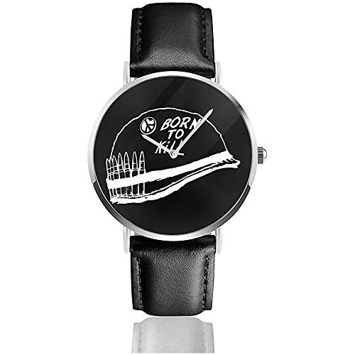 Unisex Full Metal Jacket Casco Minimal Watches Reloj de Cuero de Cuarzo con Correa de Cuero Negro