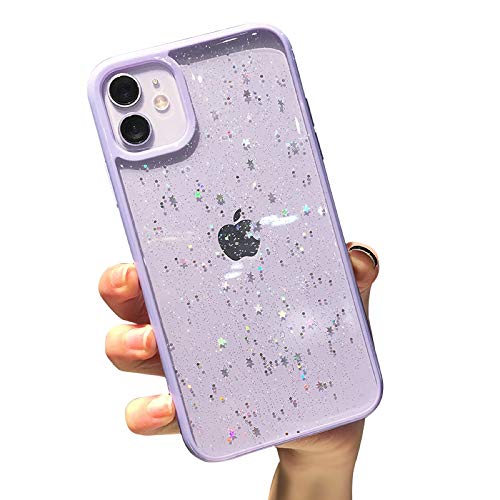 VUTR Bonita Funda con Purpurina para iPhone 12/12 Pro, Parte Trasera Transparente [Paragolpes Protectores de Lentes] Funda de teléfono con paragolpes a Prueba de Golpes para iPhone 12/12 Pro - Lila