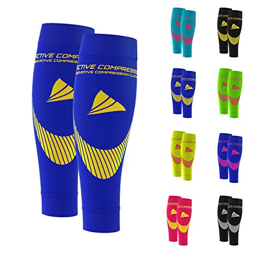 ACTIVE COMPRESSION Pantorrillas de Medias de compresión sin pie – Calf Sleeves Extra Strong Compresión Sirven/Tubes para Todos los Deportes, Azul y Amarillo