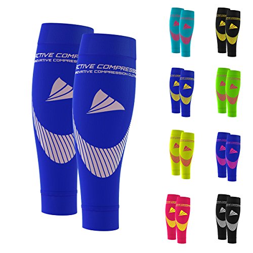 ACTIVE COMPRESSION Pantorrillas de Medias de compresión sin pie – Calf Sleeves Extra Strong Compresión Sirven/Tubes para Todos los Deportes, Azul/Plata