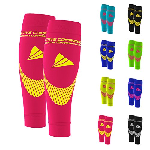 ACTIVE COMPRESSION Pantorrillas de Medias de compresión sin pie – Calf Sleeves Extra Strong Compresión Sirven/Tubes para Todos los Deportes, Rosa y Amarillo