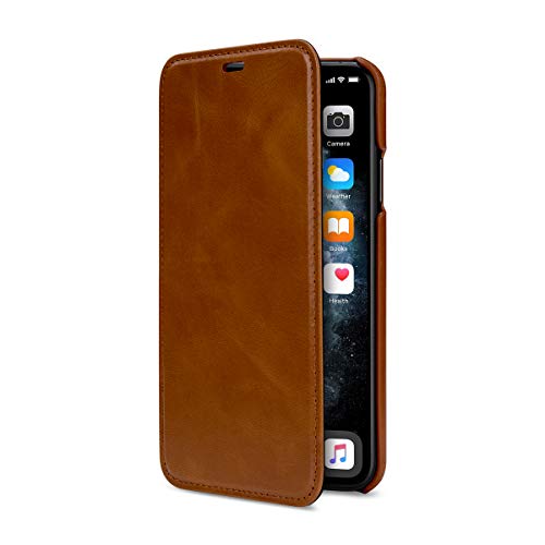 Baroon, Funda de piel fina compatible con iPhone 11 Pro Max, hecha a mano, funda de piel auténtica, funda tipo libro Slim Book Style Edition, marrón