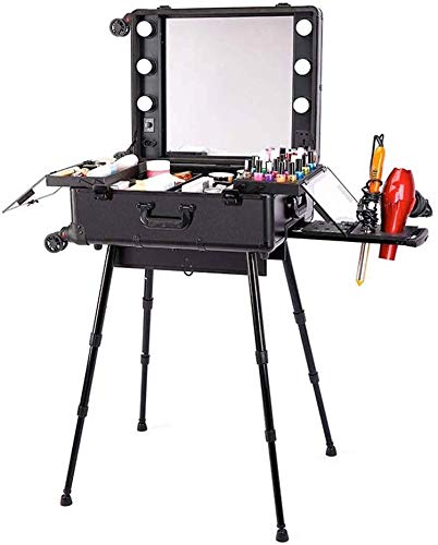 BYCDD Maleta de Maquillaje Profesional, Luz Estuche Cosméticos Maletín Maquillaje Trolley LED Espejo con Atenuación Soporte Desmontable Beauty Case Makeup,Black