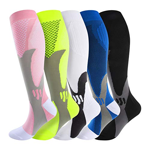 Calcetines de compresión para hombre y mujer, los mejores calcetines de compresión coloridos ideales para deportes, viajes, vuelos, embarazo, enfermeras, cuidados médicos, fitness (5 pares, X-L)