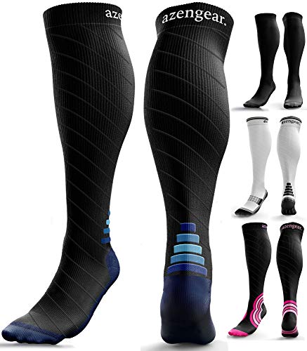 Calcetines de Compresión para Hombres y Mujeres - Medias de Compresion para Deporte - Maratones - Enfermeras - Estrés tibial Interior - Durante Embarazo (L/XL (42-47), Negro/Azul)