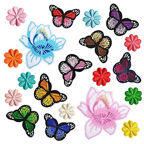 Ceqiny 20 parches para planchar o coser. Pegatinas de tela bordada, diseño de mariposas de loto, sol, flores, parches decorativos, varios diseños, para mujeres y hombres, 3 estilos