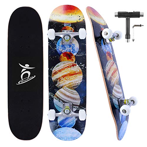 Colmanda Skateboard Adulto Completo 31 Pulgadas, Skateboard Pro 7 Capas Arce Canadiense con rodamientos ABEC-7, Longboard Monopatín, Skateboard para Principiantes, Adolescentes, Adultos (Planeta-A)