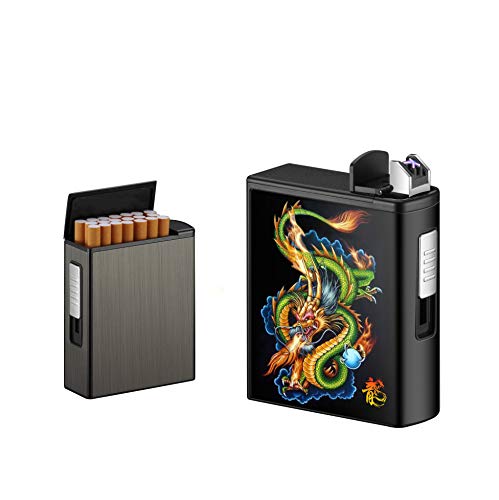 con Mechero Estuche de Cigarrillos de USB Recargable Caja de Cigarrillos,sin Llama a Prueba de Viento eléctrico Encendedor,Capacidad 20pc,Encendedor Pitilleras para Mujer y Hombre(Dragon,Arco)