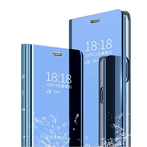 cookaR Clear View Standing Funda OPPO Reno Ace/Realme X2 Pro, Caja Duro [Soporte Plegable] Plating Espejo Maquillaje Caso Flip Cover Mirror Carcasa Case papr OPPO Reno Ace/Realme X2 Pro, Azul