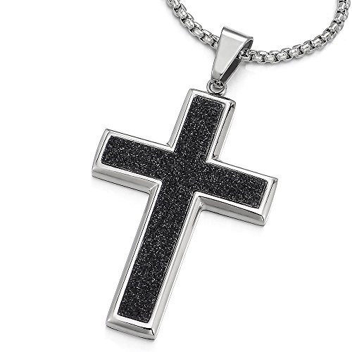 COOLSTEELANDBEYOND Satinado Negro Plata Collar de Cruz, Colgante Cruce de Hombre Mujer, Acero Inoxidable, Trigo Cadena 75CM