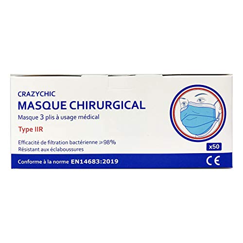 CRAZYCHIC - Mascarilla Quirurgica Homologada Certificación CE EN14683 Tipo IIR - Mascarilla Higienica Desechable Máscara 3 Capas Protectora Boca Nariz - Entrega Rápida - Paquete de 50 piezas