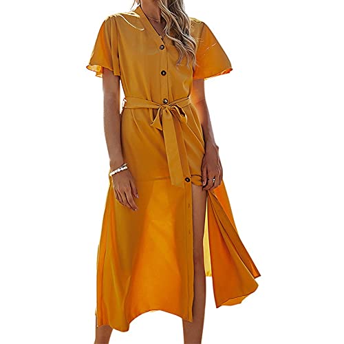 DFSDG Moda Mujeres Vestido Single Breasted A-Line Falta Cinturón Vestido de Manga Corta Casual Falda Folleto Folleto Falda Ladies Streetwear (Color : Yellow, Size : XLcode)