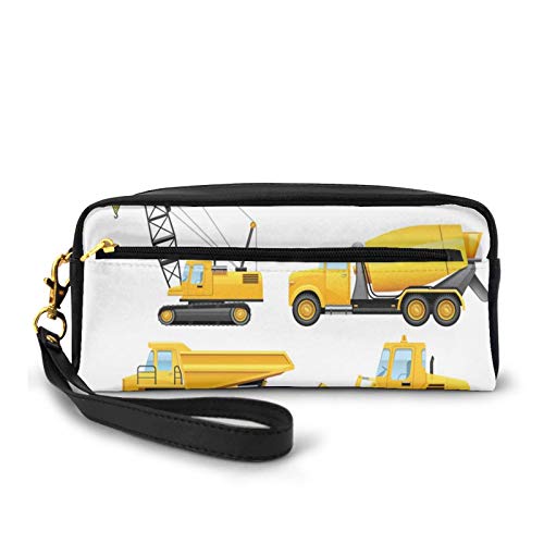 Estuche pequeño cuero PU,Imágenes abstractas de vehículos de construcción maquinaria camiones Bulldozer Crane,Lápiz bolsa bolsa maquillaje bolsa