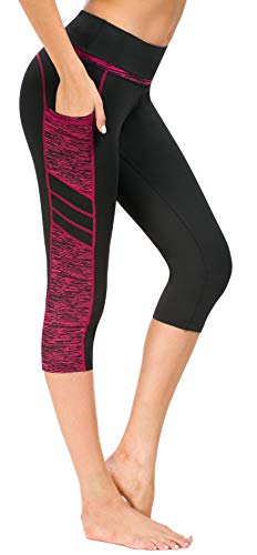 Flatik Mallas de malla para mujer, para deporte, gimnasio, yoga, correr, fitness, leggings Negro y rojo (3/4 Capri). L