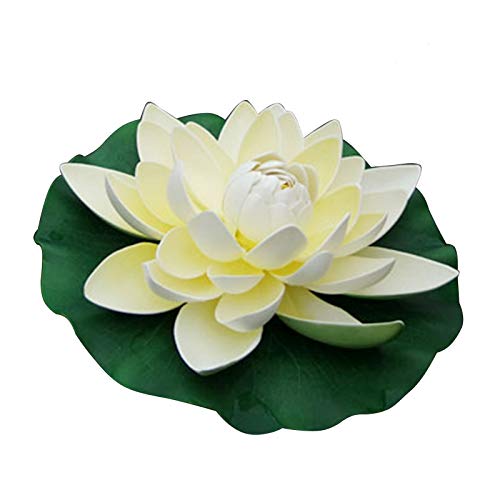 Flikool 28cm Flores de Loto Artificiales con Hoja Falso Flotante Lirio de Agua EVA Espuma Nenúfar Plantas Artificiales para Jardín Acuarios Tanque de Peces Estanque Decoración 4pcs - Blanco