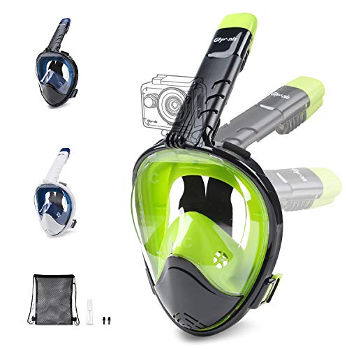 Glymnis Máscara de Buceo 180° Máscara Snorkel Anti-Fuga Gafas Cara Completa con Agente Antivaho Apoyo Camara Deportiva (Negro y Verde, L/XL)