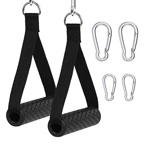 HAKOTOM 2PCS Manija Gimnasio Máquina, Mango Espuma para Ejercicios, Manija de Cuerda de Resistencia, Asa Deportiva como Repuestos Accesorios Negro Antideslizante con 4pcs Mosquetón Conector Plateado.