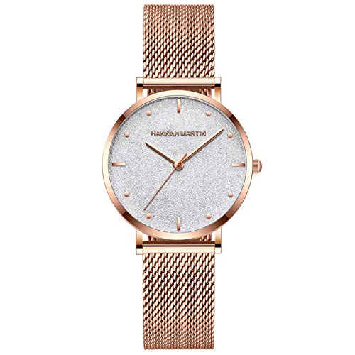 Hanna Martin - Reloj de Cuarzo para Mujer, Resistente al Agua, diseño Minimalista de Cielo Estrellado, Color Oro Rosa (White-Rose Gold)