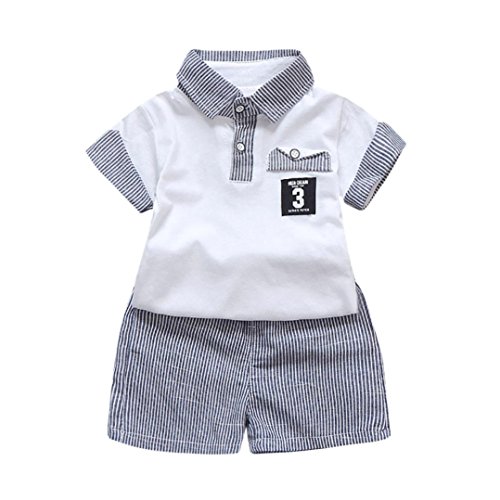 K-youth Ropa Bebe Niños Verano, Conjunto Bebe Niño Ropa Bebe Recien Nacido Niños Manga Corta Rayas T-Shirt Tops y Pantalones Cortos Conjunto de Ropa de Caballero 6 Mes-3 Años (Blanco, 6-12 Meses)