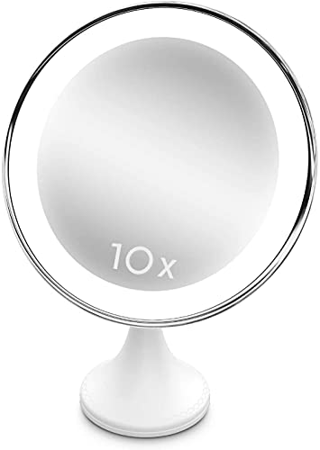 KANGNING Espejo de Maquillaje 10x Espejo de Aumento con Luces Dimmable LED LED Travel Vanity Mirror - Súper Fuerte Succión de Bloqueo 360 Luz de rotación Recargable Well