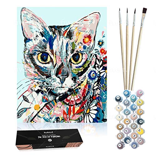 Kukicu Pintar por Numeros Adultos Niños - Cuadros para Pintar con Pinceles Lienzo Pinturas al Oleo - DIY Kit - Dibujos, Arte y Manualidades (40 * 50cm, Sin Marco) - Gato