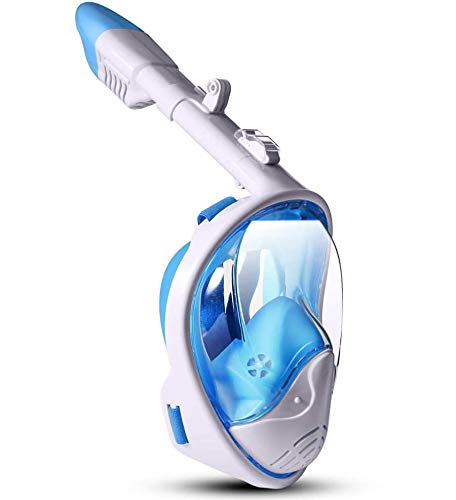 LALAYA Snorkel Mask 180 Degree Vision, Full Face Diving Mask Free Breathing Design Anti-Fog and Anti-Leak Technology with Sport Camera Mount for Adults(Blue-White S/M)