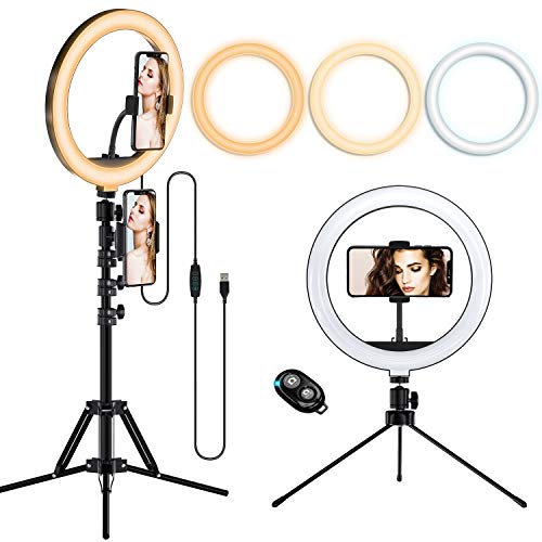 LIFEBEE 10" Aro de Luz Selfie Trípode, Anillo de Luz LED Fotografía con Control Remoto Bluetooth, 3 Modos Luces 10 Niveles Brillo para Móvil Selfie Maquillaje Youtube TIK Tok Live para iOS Android