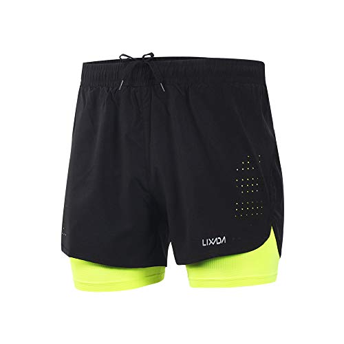 Lixada Hombres Pantalónes Cortos de Running 2-en-1, Pantalones Cortos de Atletismo, Pantalones Cortos de Fitness Maratón, Transpirable Pantalones+Secado Rápido (Verde, XL)