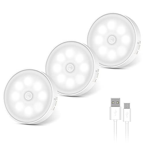 Luz Nocturna con Sensor de Movimiento, Luces Nocturnas con Recargable USB, Auto En/Apagado, Luz Led Armario con Almohadillas Adhesivas e lmán, para Cocina, Pasillo, Escaleras, Habitación Bebé(3 Pack)