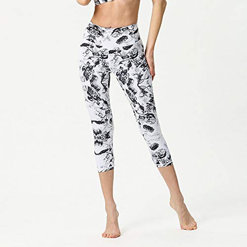 Mallas Deporte Mujer,Retro, Negro, Blanco, Corto, Abstracto, Hoja De Loto, Estampado, Sexy, Cintura Alta, Gimnasio, Deportes, Leggings, para El Control De La Barriga, Correr, Entrenamiento, Medias