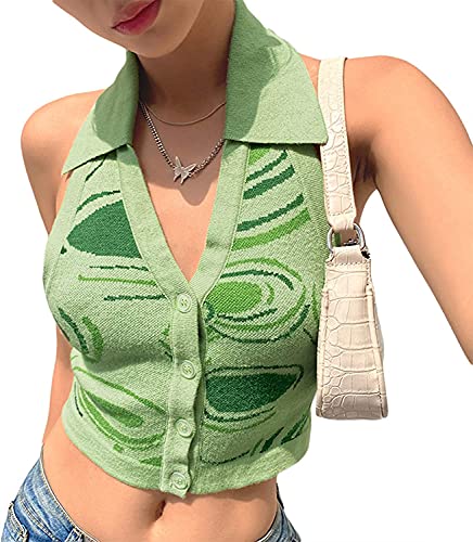 Mujeres Tops Halter Y2K Tricoté Gilet De Modo Halter Chaleco Slim Halter Chaleco Streetwear Top (A-Green,L)