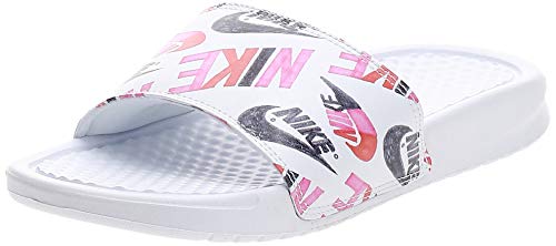 Nike Wmns Benassi JDI Print, Zapatilla de Correr Mujer, Blanco/Negro/Loto Naranja De Equipo Rosado, 36.5 EU