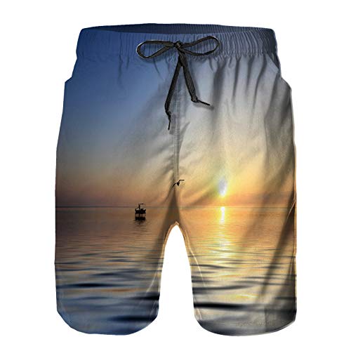 Pantalones Cortos De Playa para Hombres,Amanecer sobre el mar Jónico con Barco de Pesca en la Isla de,Pantalones De Chándal De Secado Rápido, Bañador De Verano para Ejercicios Al Aire Libre L