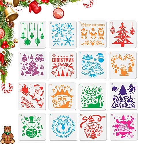 Plantillas Dibujo niños,16 piezas kit de dibujo de plantilla de navidad de plástico reutilizable,Plantillas para Manualidades,Usado para Scrapbooking, Diario,Pintura,DIY Decoración de Navidad