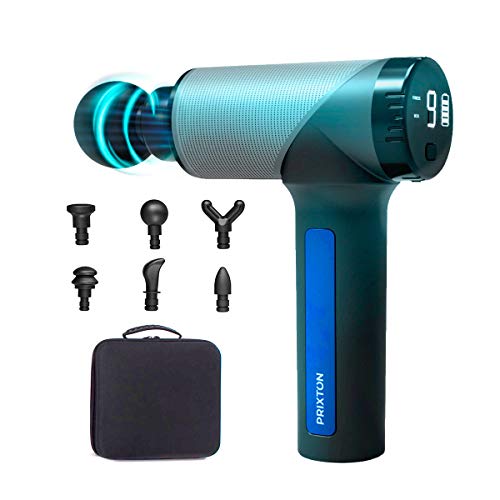 PRIXTON Massage Gun Fit Pistola de Masaje Muscular Potencia 30 W - 3300 rpm 9 Velocidades 6 Cabezales Modo Fitness y Terapia Física Diseño Inalámbrico y Ligero Funda y Maletín Incluido