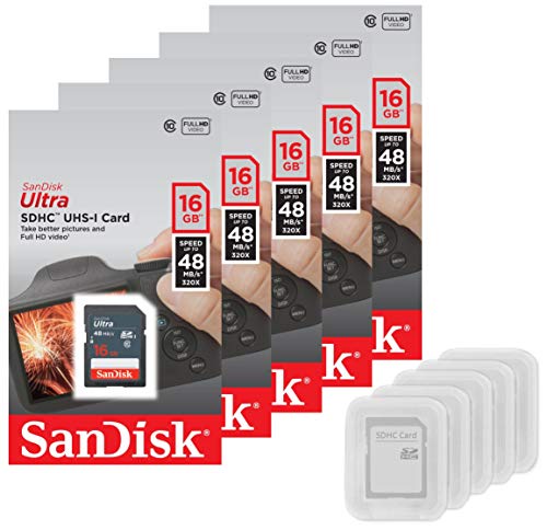SanDisk Ultra 16 GB SD SDHC Tarjeta Flash UHS-I Clase 10 Velocidad de Lectura de hasta 48 MB/s 320X SDSDUNB-016G-GN3IN Lote mayorista + (5 Cajas)